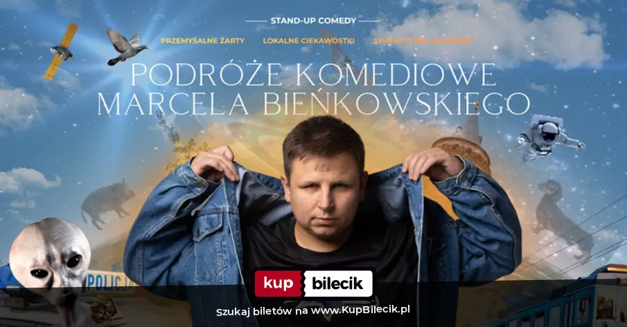 Plakat: Podróże Komediowe Marcela Bieńkowskiego- przemyślane żarty, lokalne ciekawostki, sympatyczne rozmowy