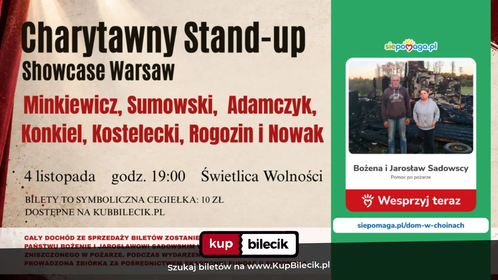 Plakat: Charytatywny Stand-up Showcase-Warsaw xMinkiewicz,Sumowski,Adamczyk,Konkiel,Kostelecki,Rogozin,Nowak