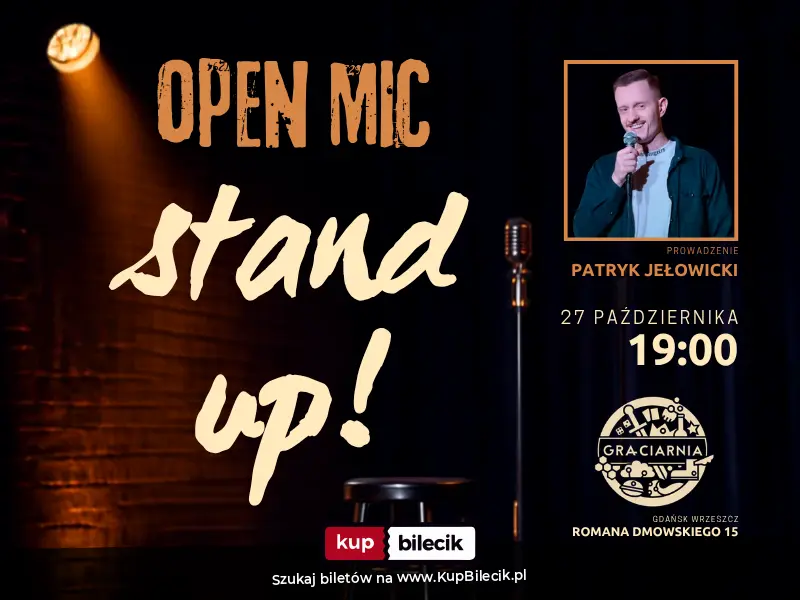 Plakat: Testy żartów w Graciarni! Prowadzi Patryk Jełowicki