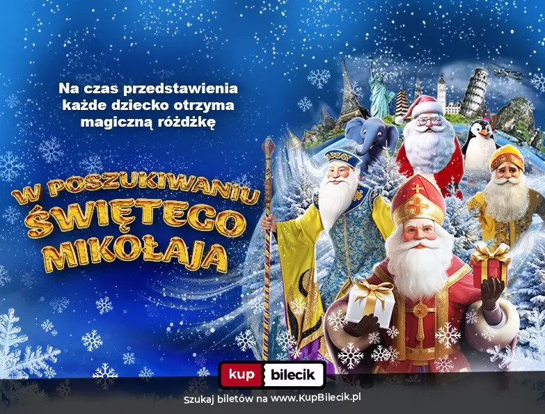 Plakat: W Poszukiwaniu Świętego Mikołaja - Interaktywny Świąteczny Spektakl dla Dzieci